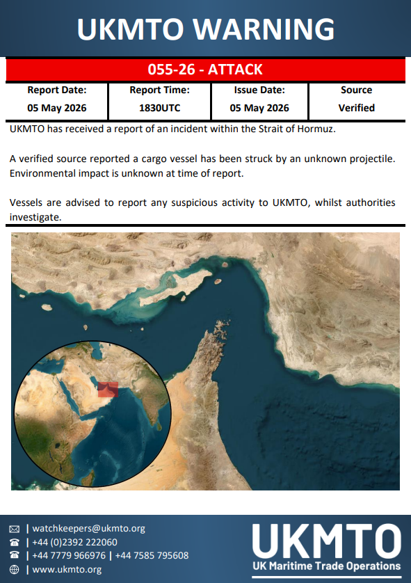 UKMTO has issued Warning 055-26 regarding maritime security; details are available in the linked PDF.