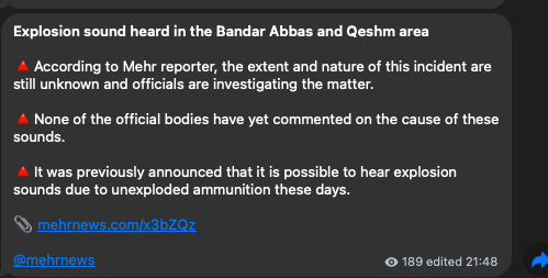 State-owned MehrNews confirms the explosion sounds in Qeshm and Bandar Abbas, Hormozgan Province, #Iran