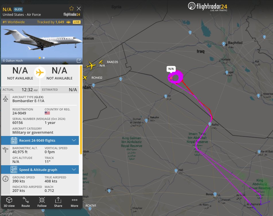 A USAF BACN aircraft is operating over southwestern Iraq, with additional fighter jet activity over Baghdad.