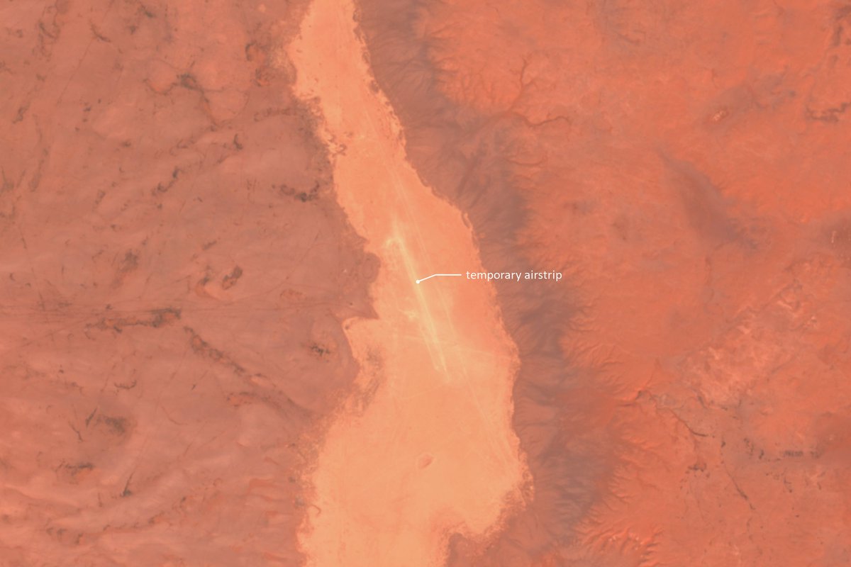 An approximately 1.6 km temporary airstrip was discovered in a dry lake bed 180 km southwest of Najaf/Karbala, Iraq, but became unusable by mid-March due to rain, with context from a WSJ article on a secret Israel war base.