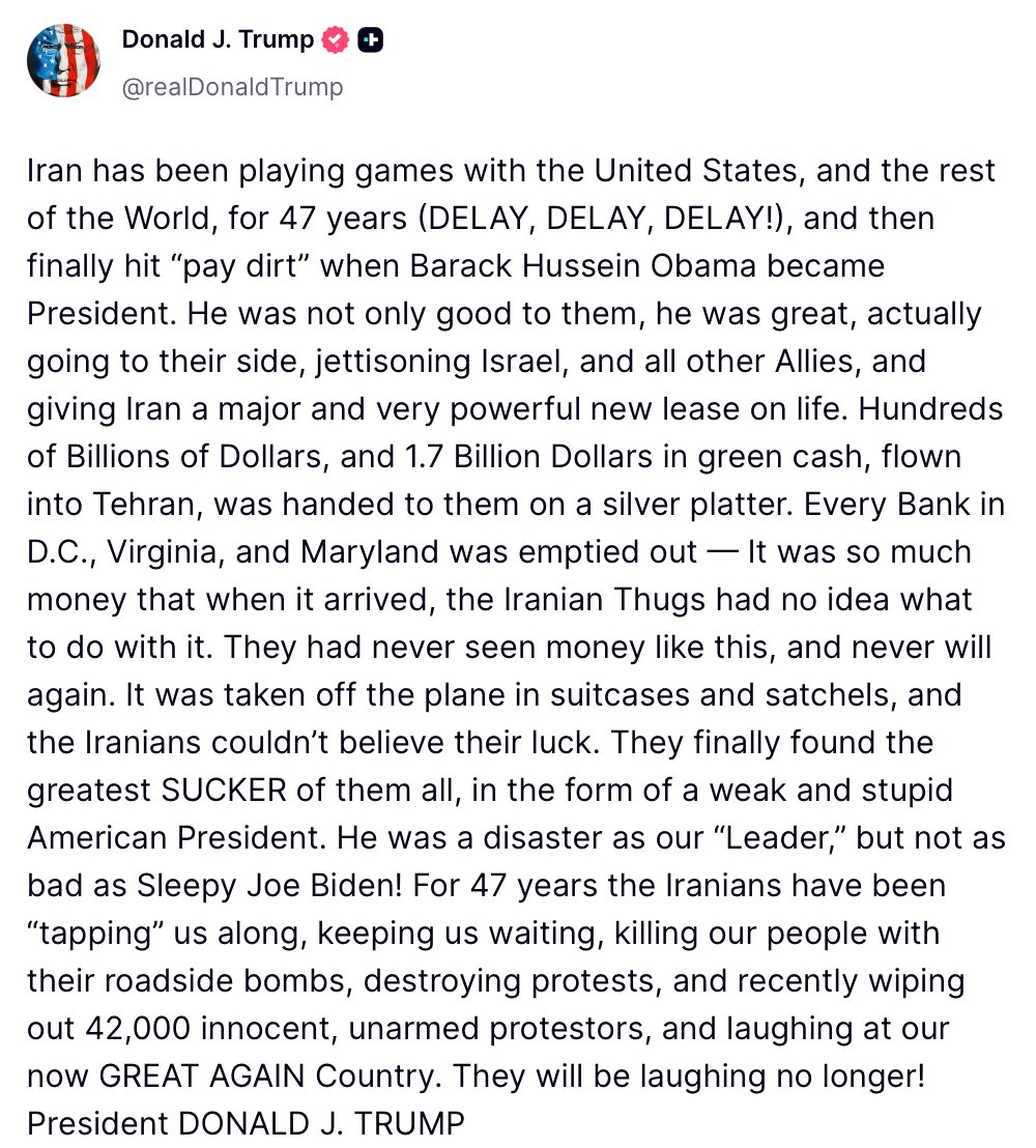 President Donald Trump accuses Iran of playing games with the US for 47 years and criticizes former presidents Obama and Biden for their Iran policies.