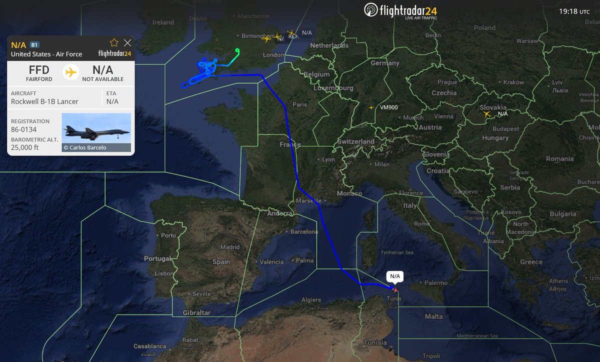 A B-1B Lancer bomber from RAF Fairford is flying its 40th training mission since the ceasefire in Iran, broadcasting its location openly.