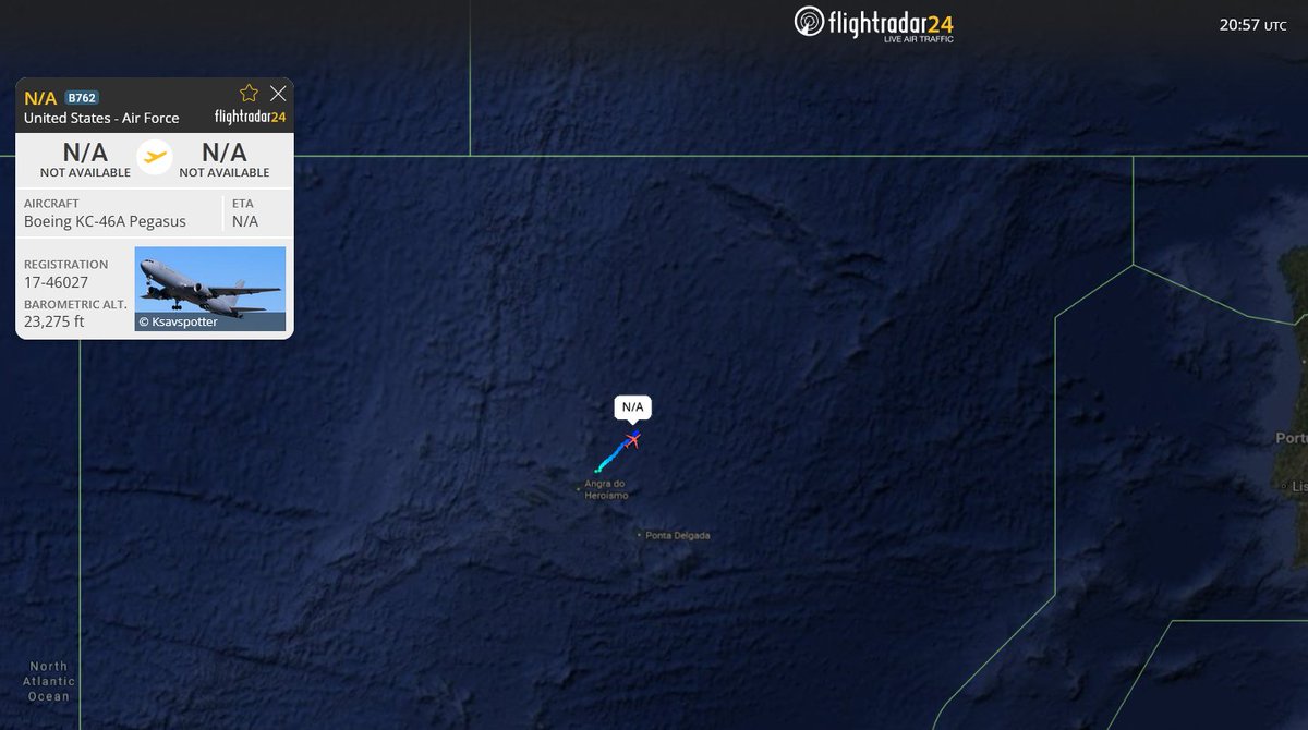 A B-2 Spirit bomber training flight from CONUS is supported by a KC-46A tanker from Lajes, as part of a suspected STRATCOM exercise involving an E-6B from Stuttgart.