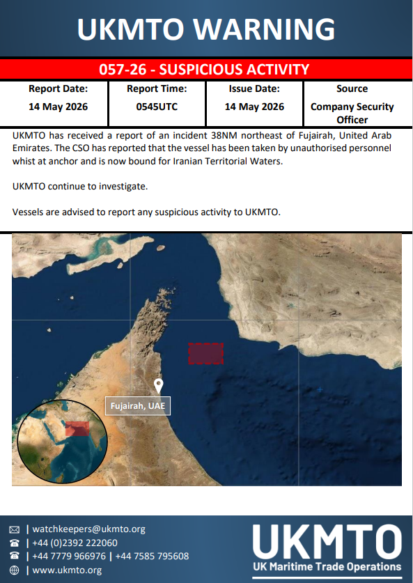 UKMTO issues warning 057-26 regarding suspicious activity, urging caution for maritime vessels.