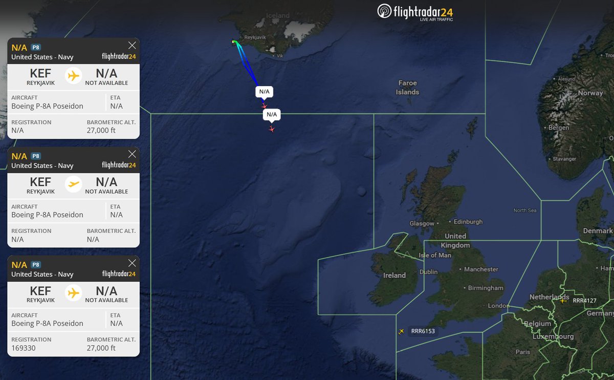 Multiple P-8A Poseidon maritime patrol aircraft from the US Navy and RAF are operating in the North Atlantic and have located a submarine.