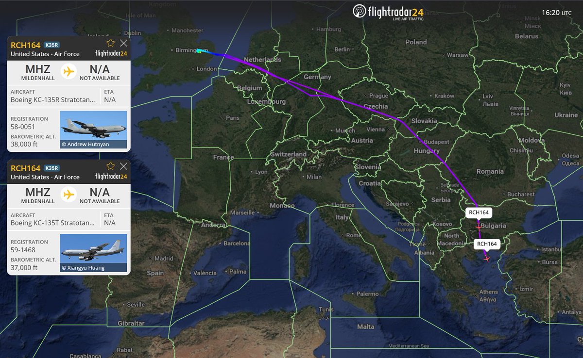 A pair of KC-135 Stratotankers that previously left the CENTCOM region returned to RAF Mildenhall and are now heading back to CENTCOM, likely replacing two airframes that departed Tel Aviv.