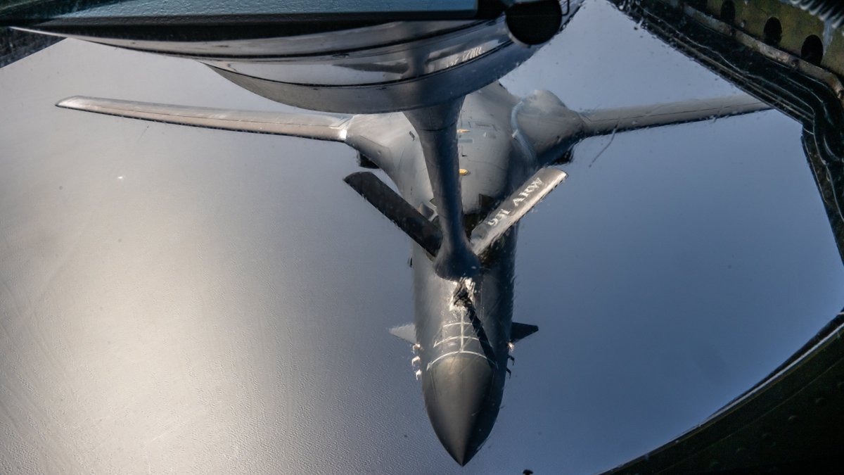 A U.S. Air Force B-1B Lancer refueled from a KC-135 Stratotanker during a training flight in the Middle East, as posted by CENTCOM.