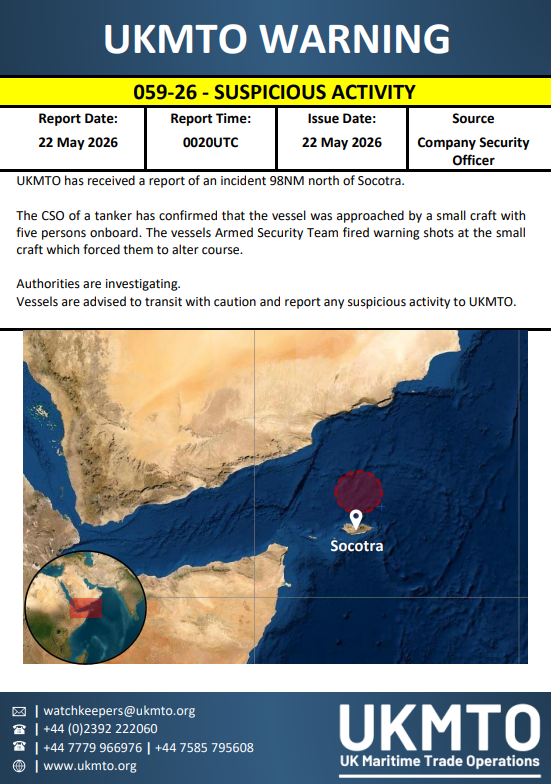 UKMTO has issued Warning 059-26 regarding maritime security.