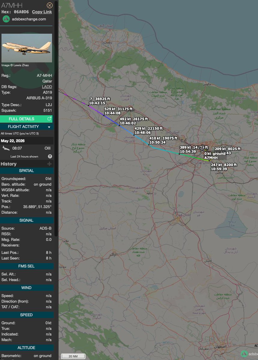 Aircraft A7-MHH (call sign 'Bird') departed Istanbul at 05:33Z and landed at Tehran Mehrabad at 08:07Z, per source and ground witness.