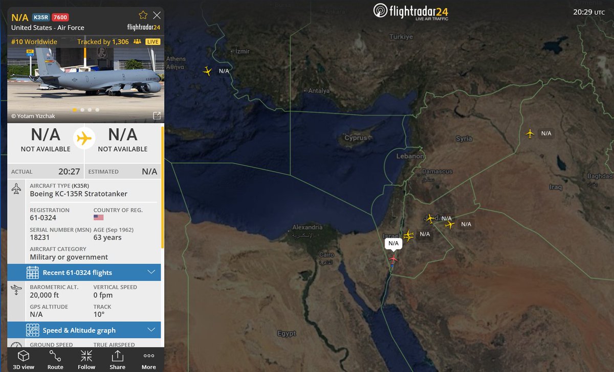 A KC-135R tanker (BAYOU99) is squawking 7600 over the southern Israel/Jordan border area, indicating a radio failure.