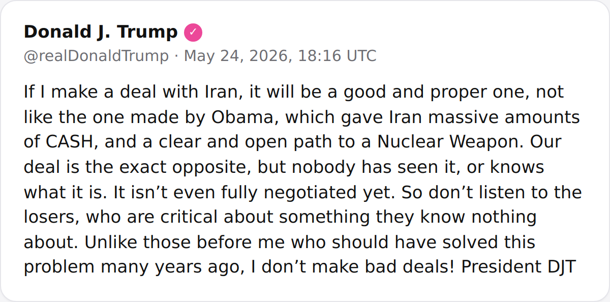 President Trump defends his approach to a potential Iran deal, criticizing the Obama-era deal and dismissing critics.