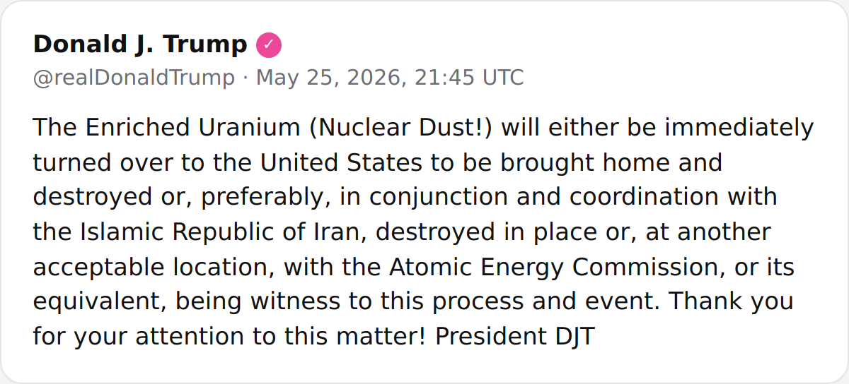 President Trump calls for Iran to immediately turn over enriched uranium to the United States or destroy it in place with international witnesses.