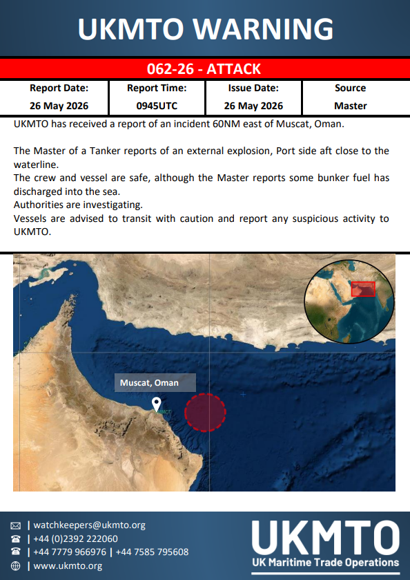 The UK Maritime Trade Operations (UKMTO) has issued Warning 062-26 regarding a maritime security incident.