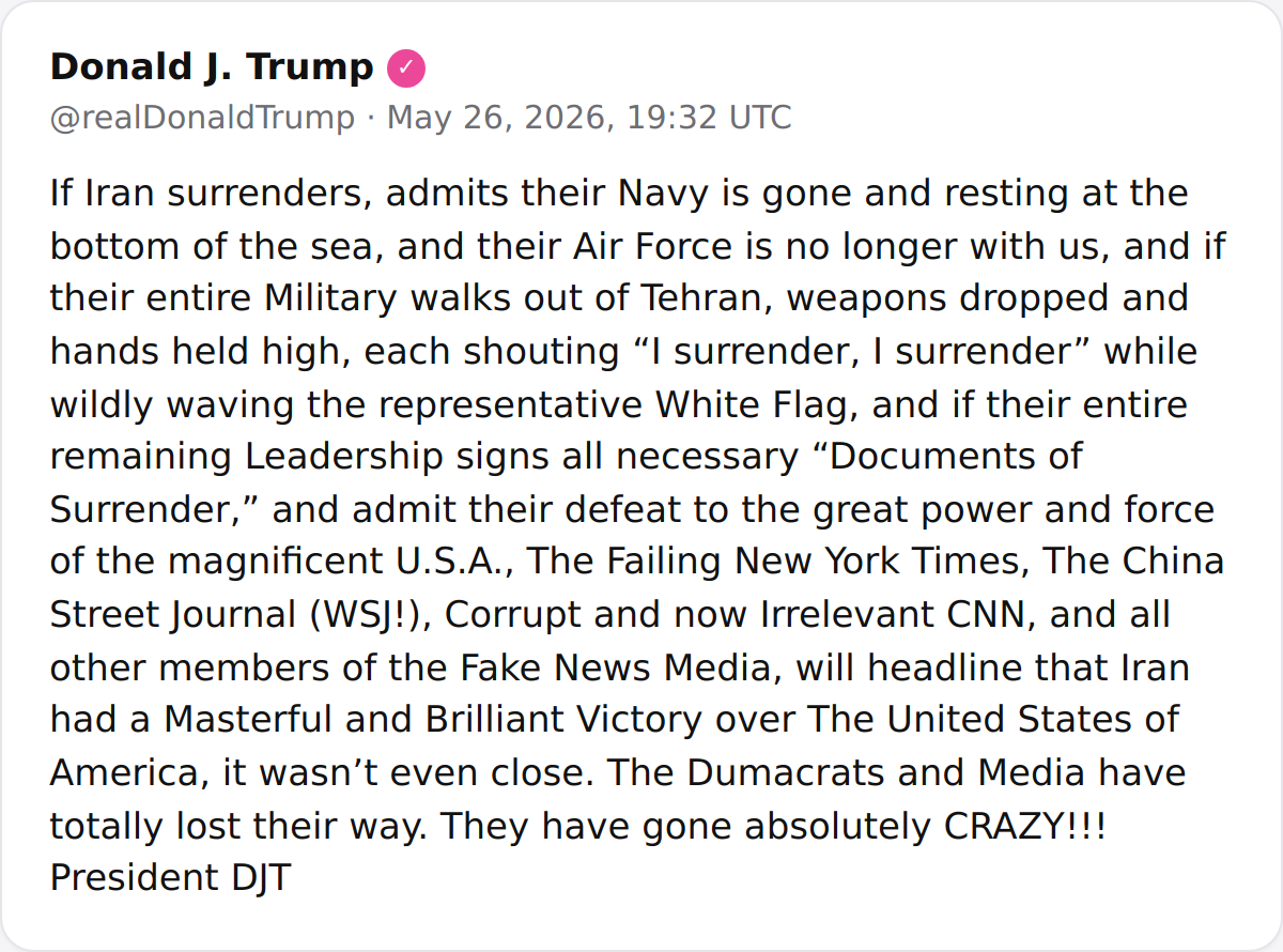 President Trump @POTUS: "If Iran surrenders, admits their Navy is gone and resting at the bottom of the sea, and their Air Force is no longer with us, and if their entire…