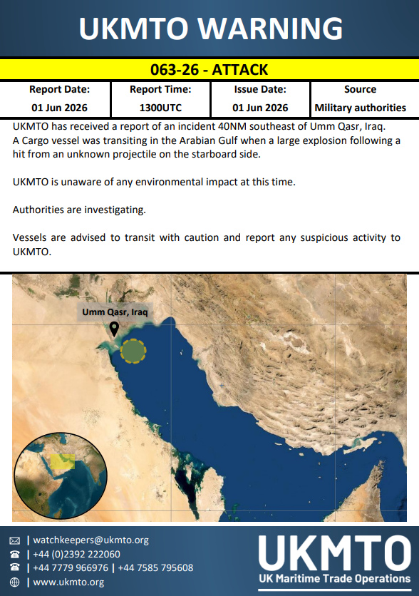 The United Kingdom Maritime Trade Operations has published Warning 063-26 on 1 June 2026.