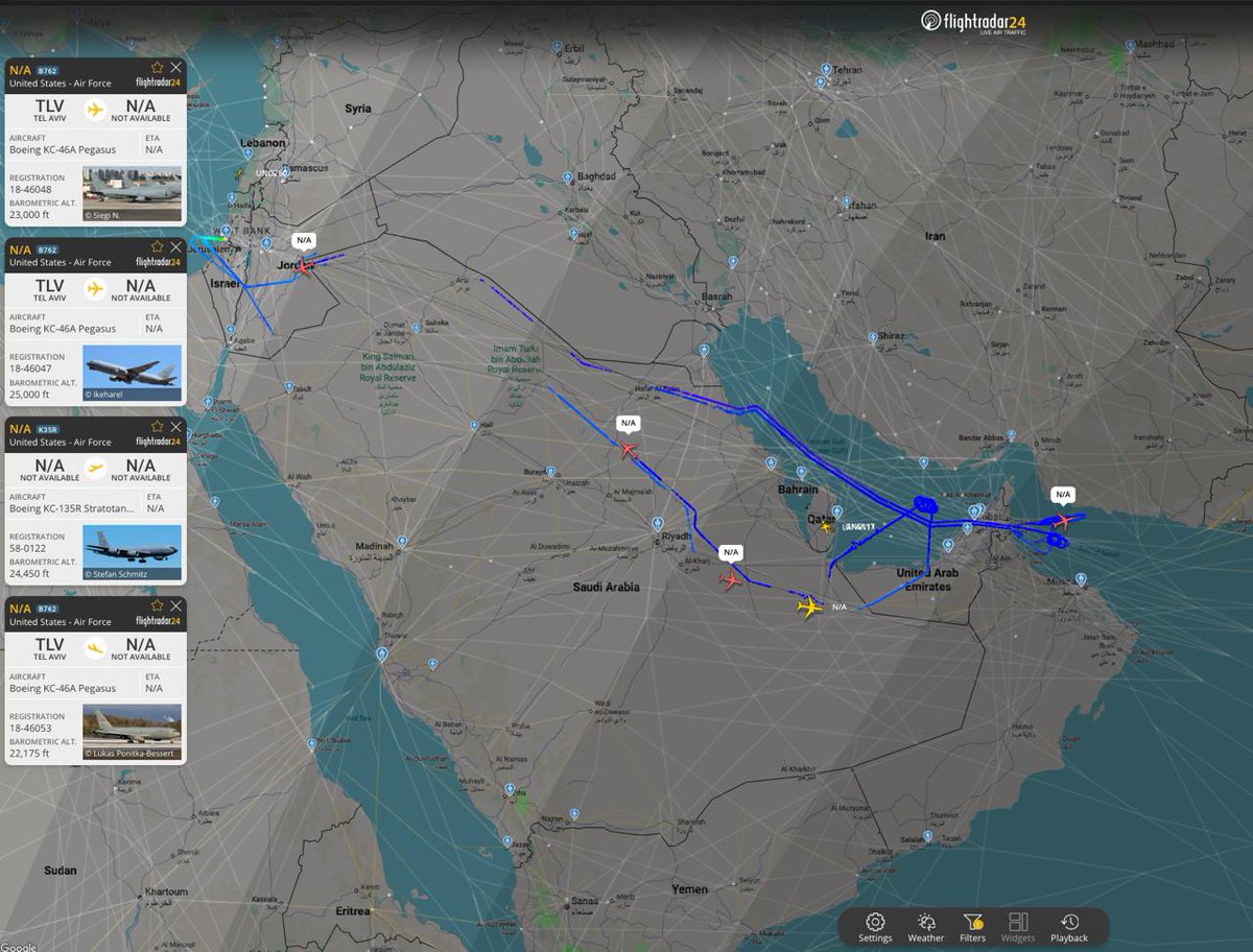 Four U.S. Air Force tankers, including three KC-46A Pegasus and one KC-135R Stratotanker, were tracked in the region at 1631Z on June 1, 2026.