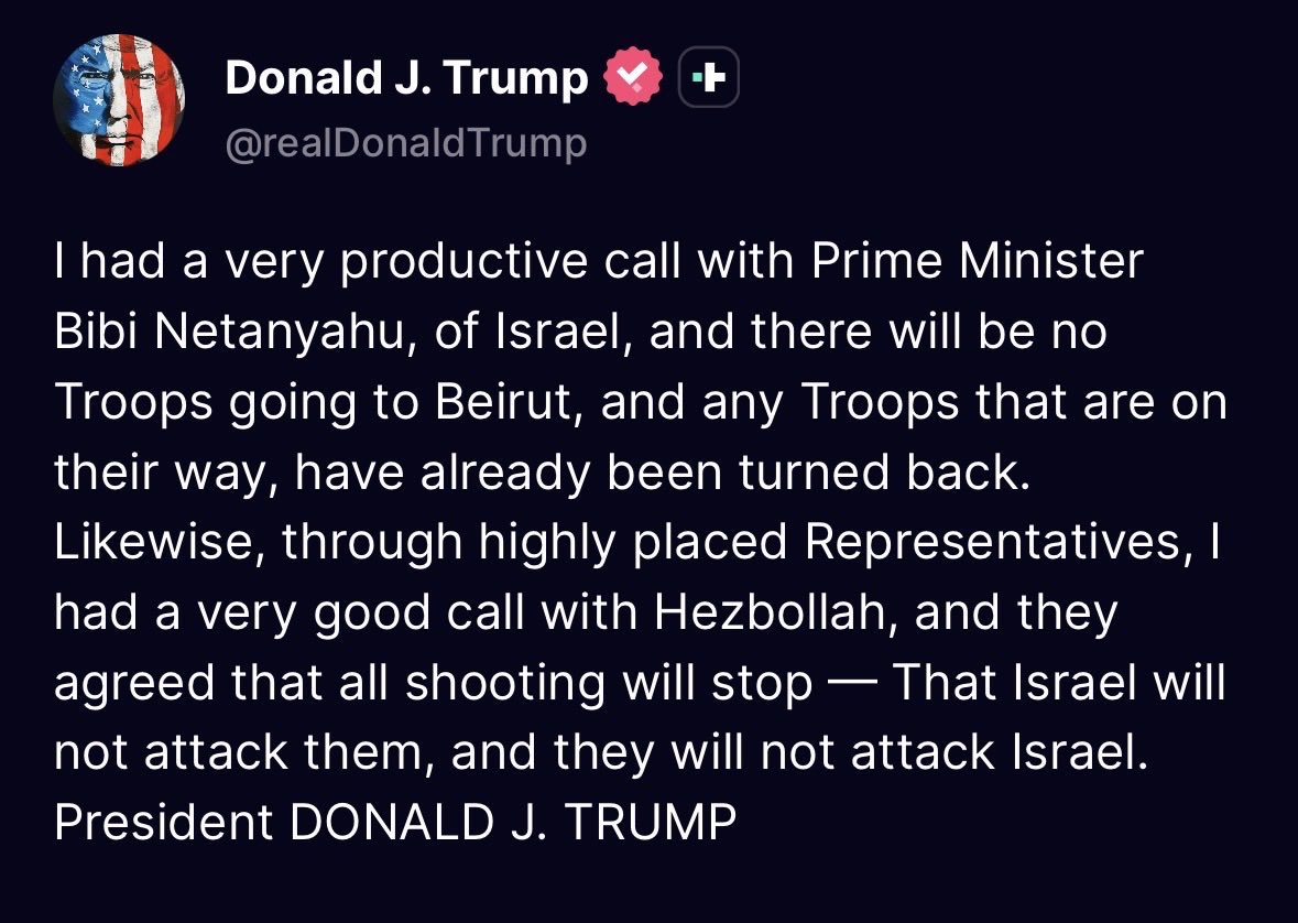 President Trump stated he had a “very good call with Hezbollah” through representatives, provoking sarcastic commentary online as the group remains a U.S.-designated FTO.