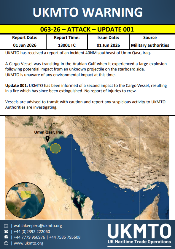 The United Kingdom Maritime Trade Operations (UKMTO) has published an update to Warning 063-26.