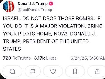 A satirical commentary post points to U.S. intervention that stopped Israeli strikes on Iran in 2025, contrasting that decision with Iranian executions since June of that year.