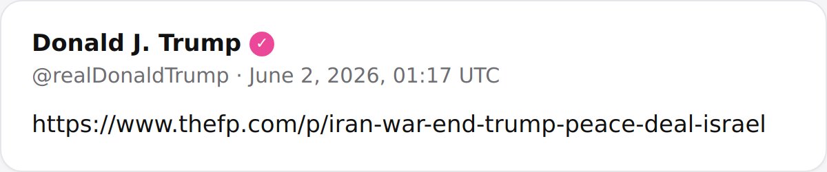 President Trump's official account shared a link to a Free Press article reporting the end of the Iran war and a peace deal with Israel.