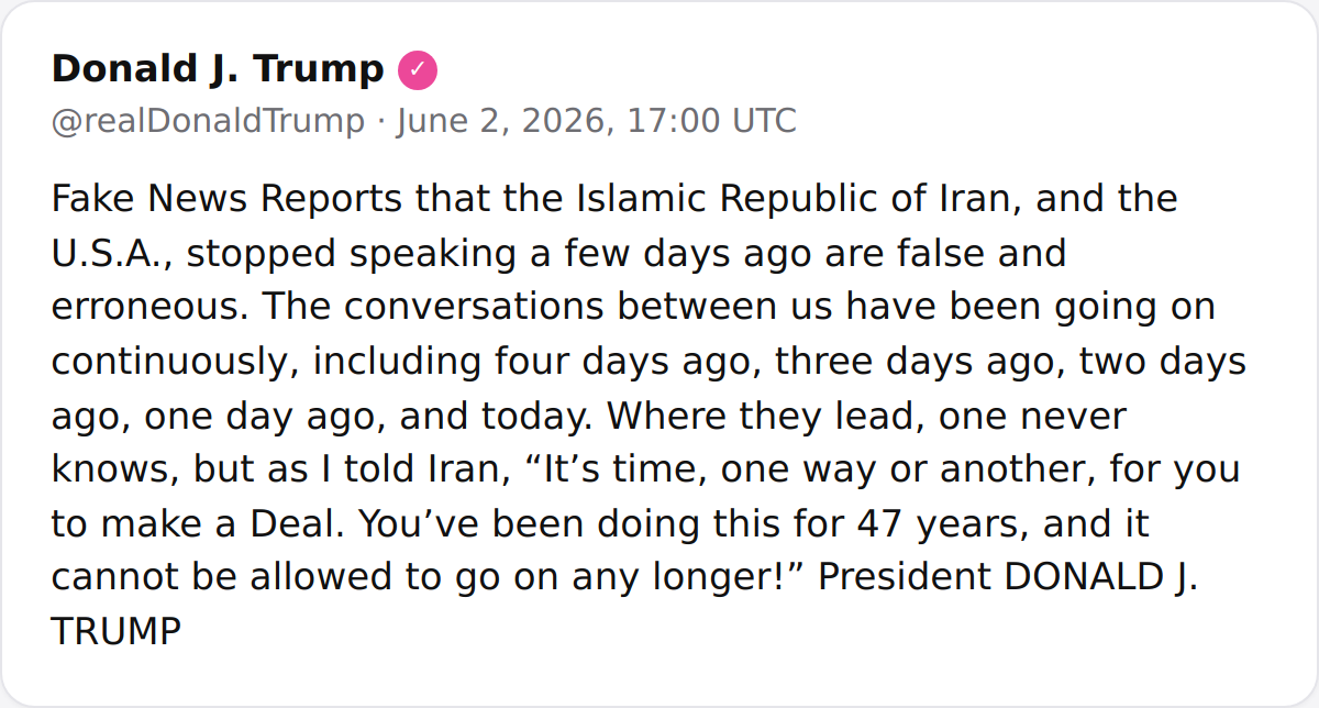 President Trump refutes media claims that U.S.-Iran communication stopped, stating conversations occurred each of the last five days and pressuring Tehran to make a deal.