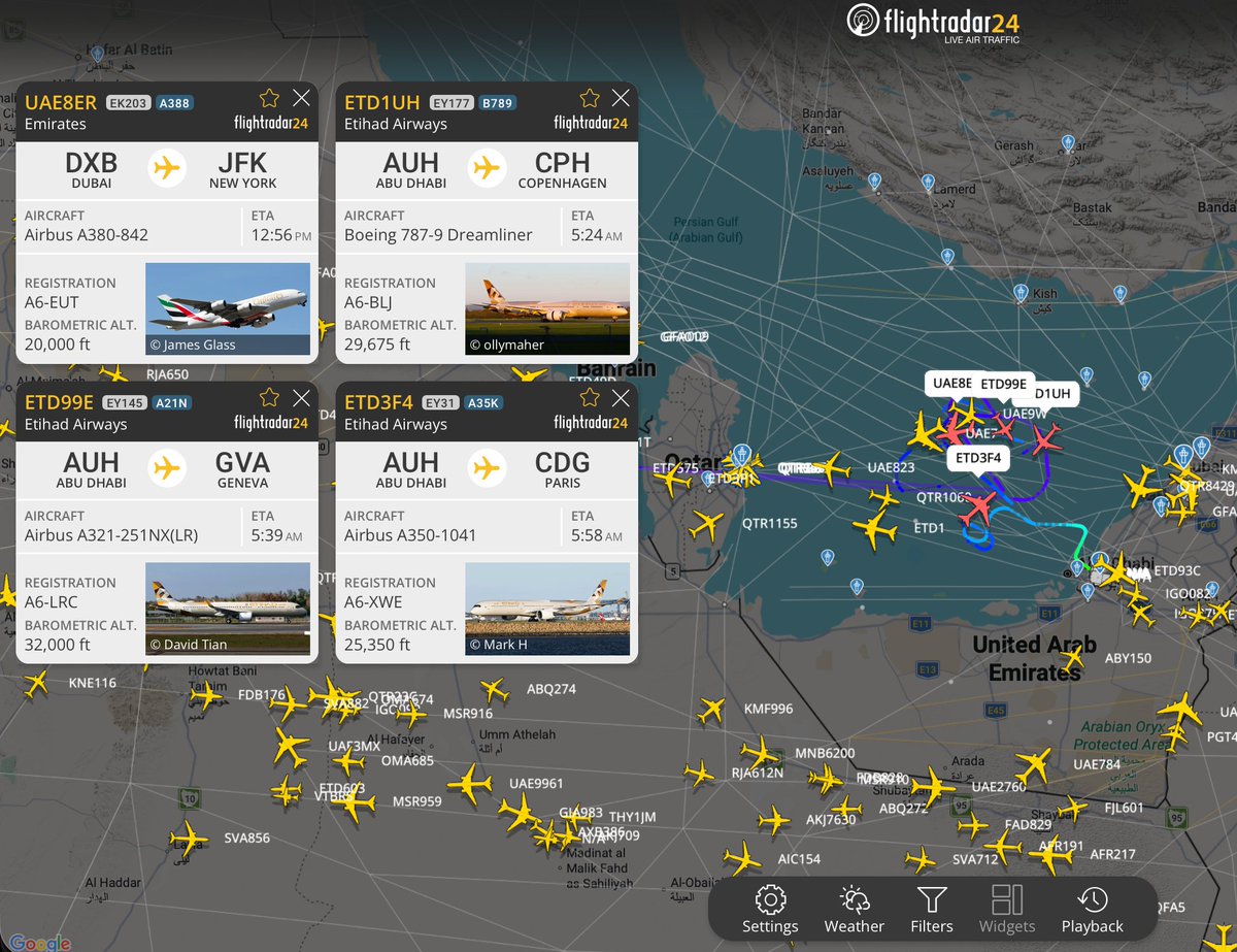Commercial flight tracks over the Persian Gulf show significant route adjustments and avoidance patterns, suggesting possible operational airspace disruptions.