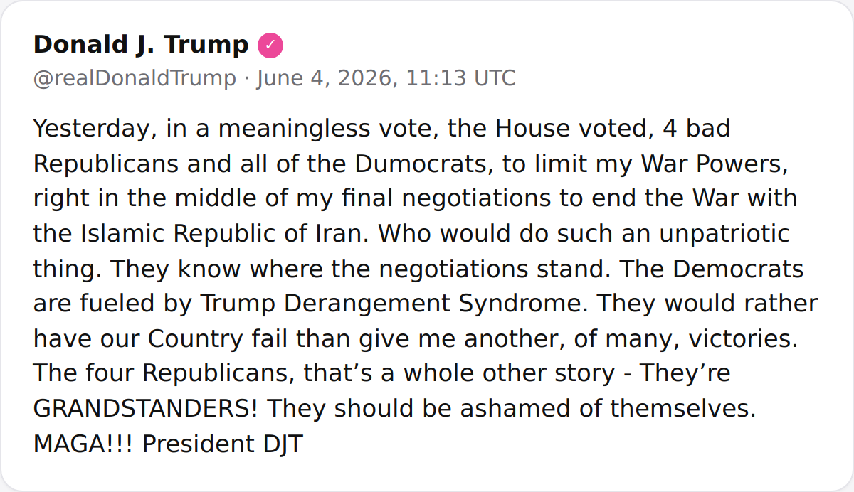 President Trump condemned a House vote to restrict his war powers, calling it 'meaningless' and accusing Democrats of 'Trump Derangement Syndrome' while blaming four Republicans for grandstanding.