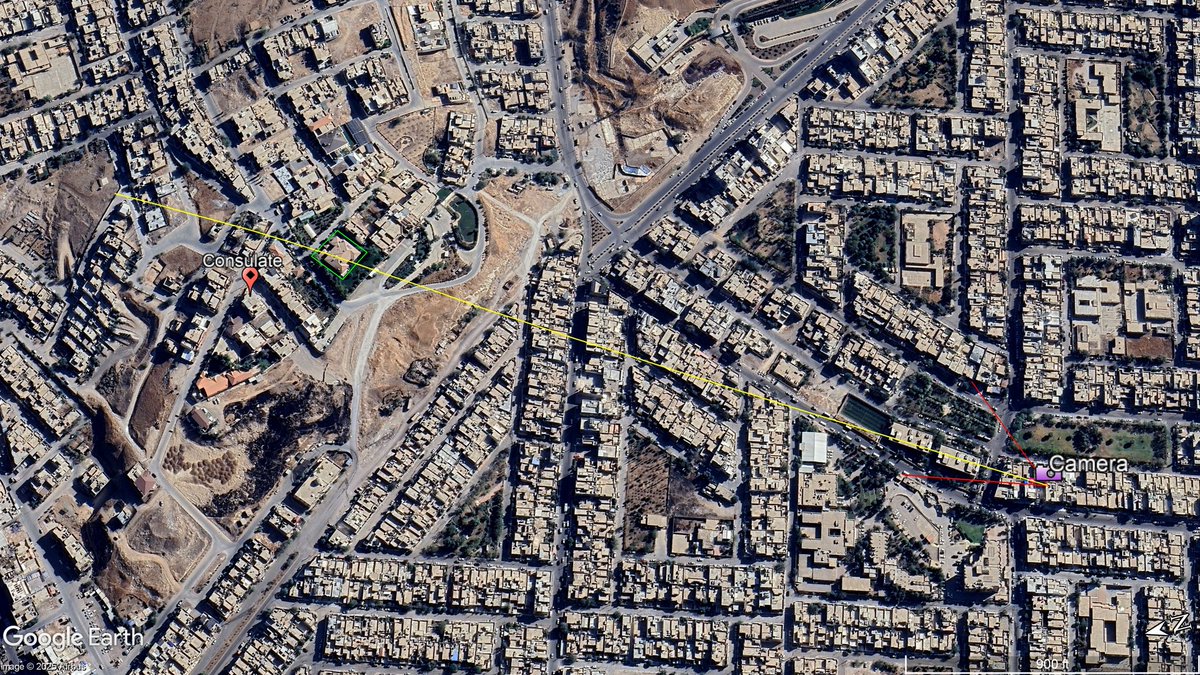A user shared the approximate camera location of an explosion in Sulaimaniyah, Iraq, after an earlier post noted the blast was reportedly near the Iranian Consulate.