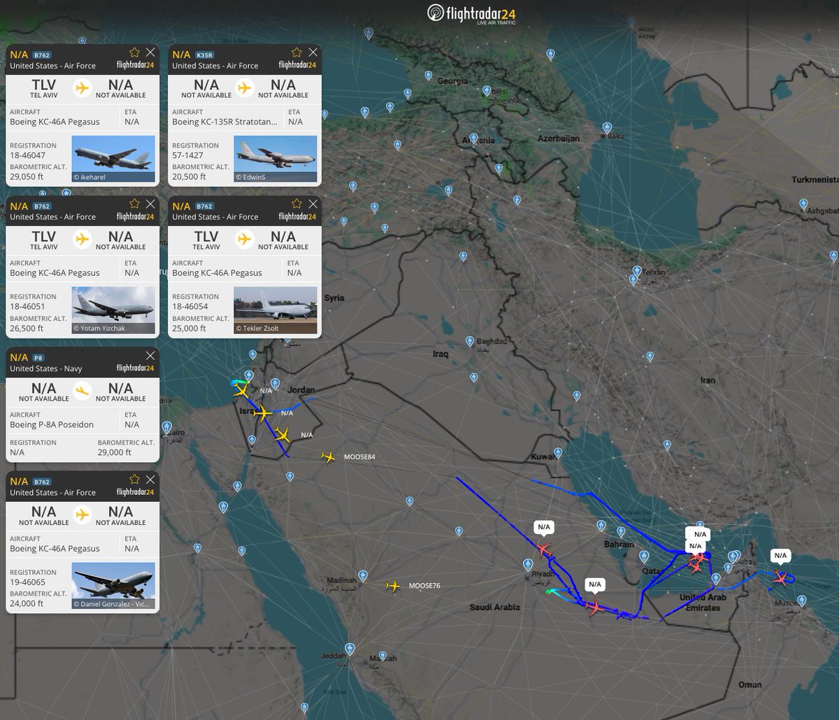 Multiple U.S. Air Force tanker aircraft were reported active in the region.