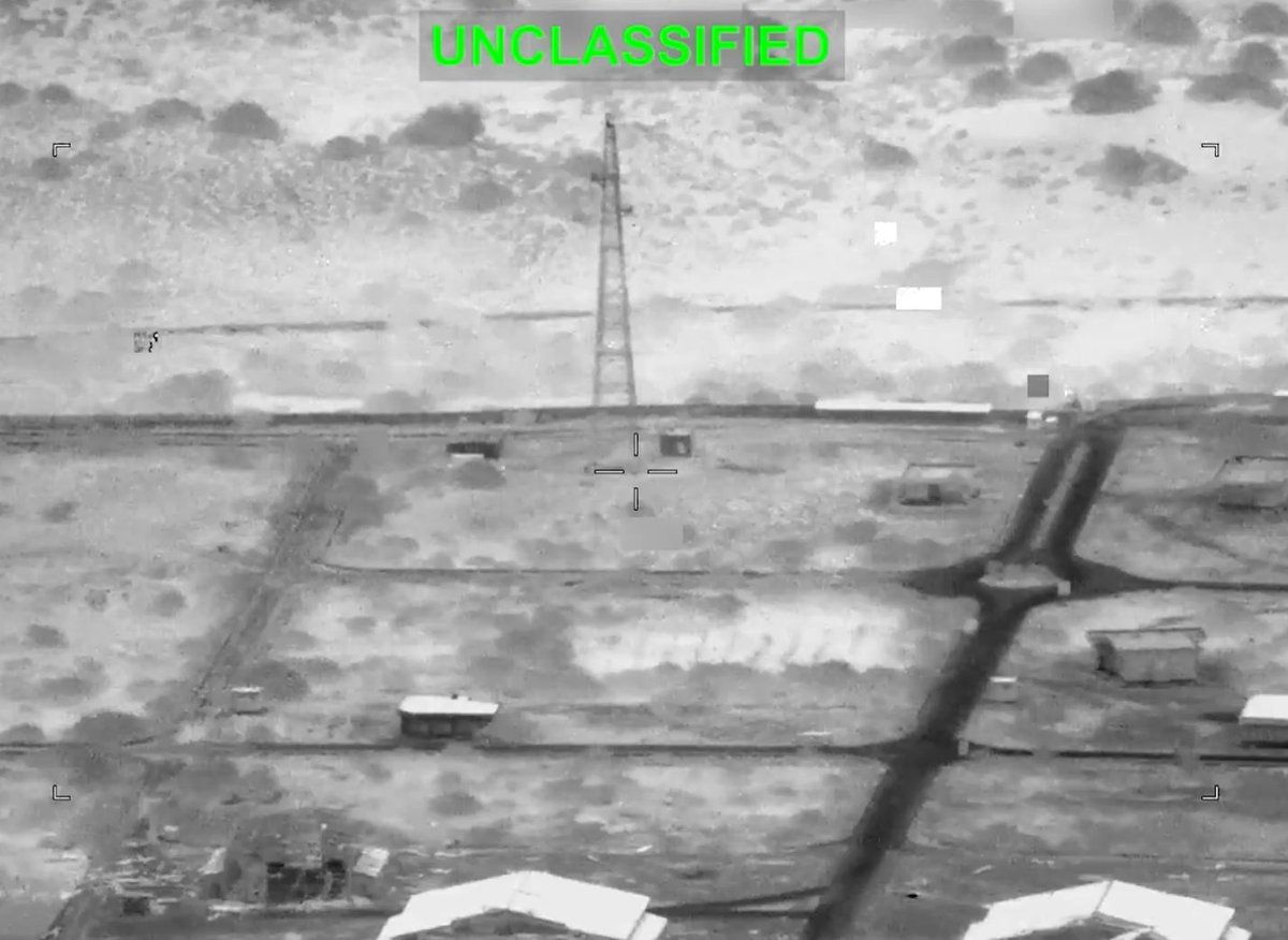 A telecommunication tower at Iran's IRGCN Shahid Raahbar base near Sirik was hit in a video released by U.S. Central Command, geolocated to 26.5643°N, 57.0878°E.