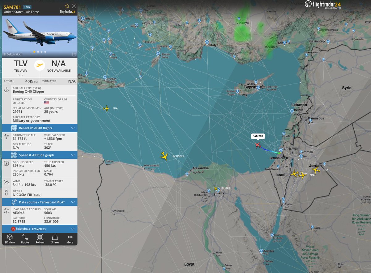A U.S. government aircraft with callsign SAM781 departed Tel Aviv, Israel, possibly carrying Admiral Cooper.