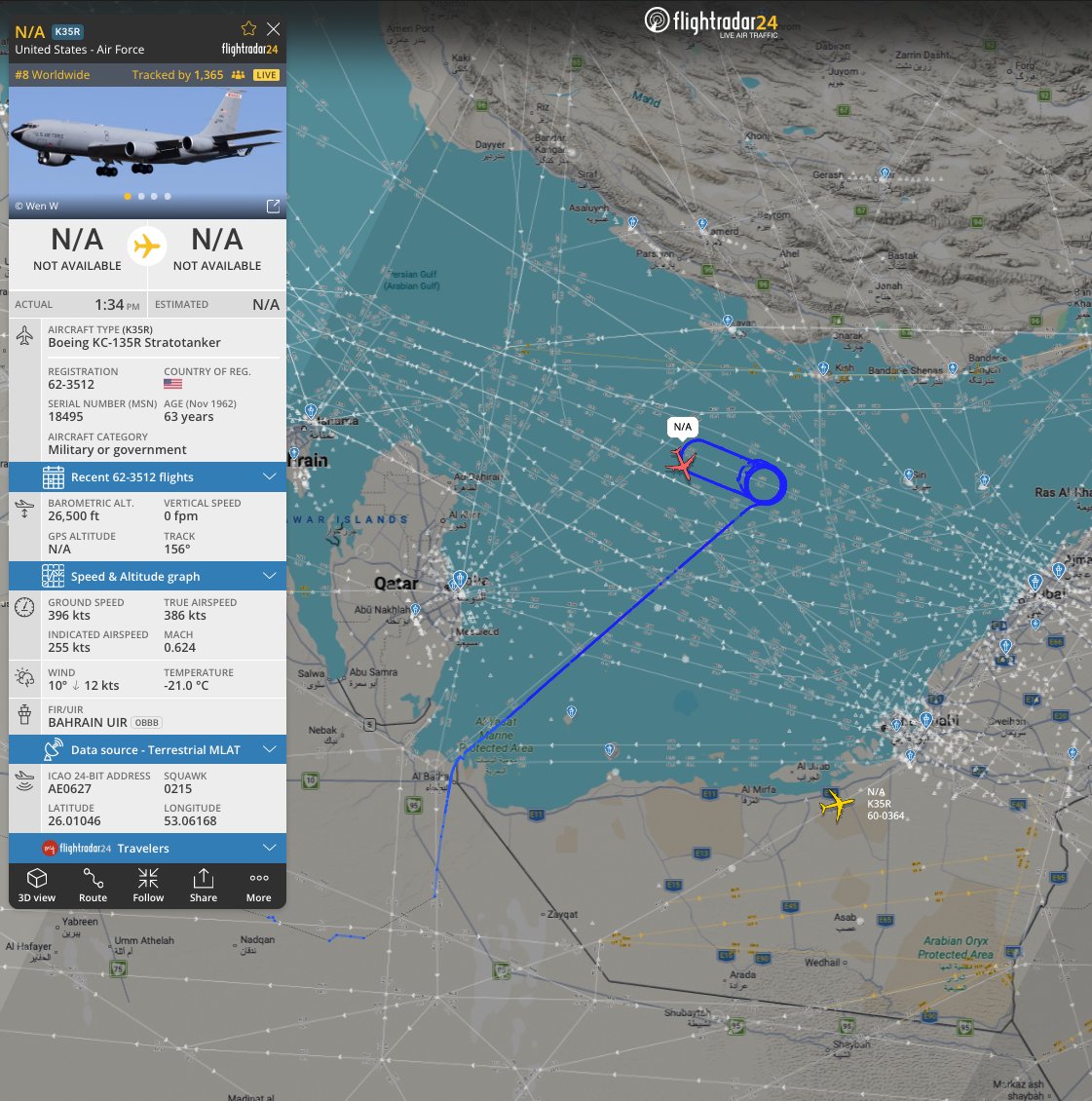 A US Air Force aircraft with hex code AE0627 and tail number 62-3512 was observed conducting aerial refueling over the Persian Gulf.
