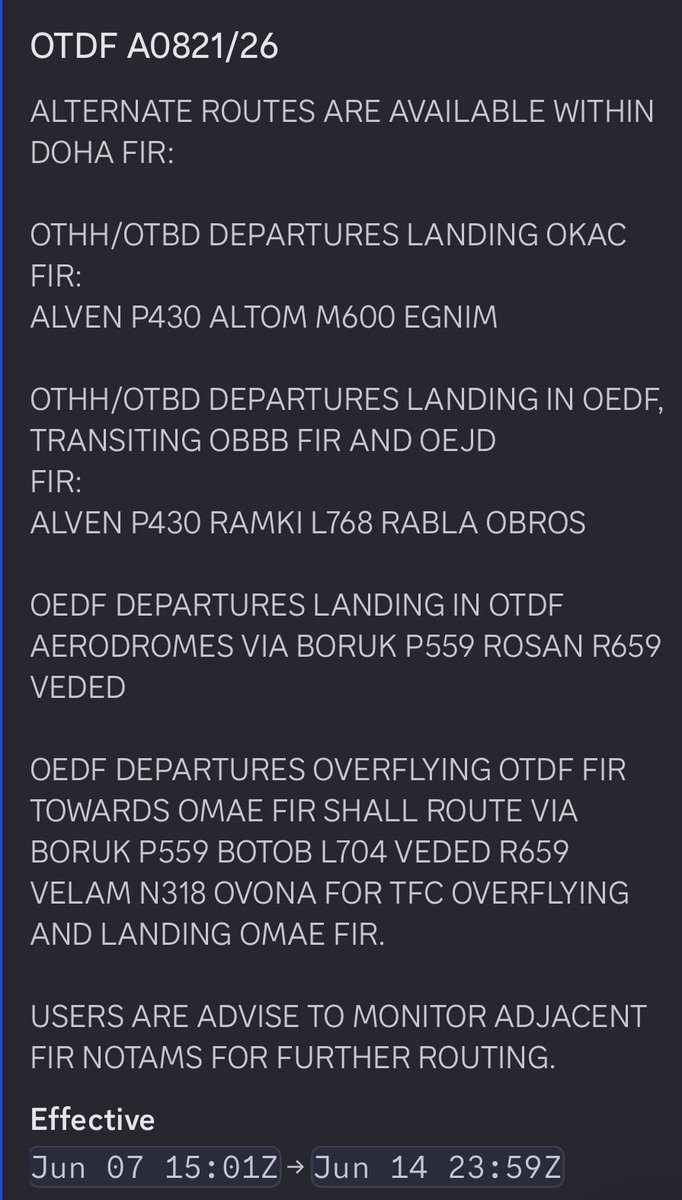 Qatar has issued a NOTAM effective June 7–14 providing alternate routes for flights departing Doha and Saudi airports, avoiding airways and waypoints near Iran such as P559 and M677.