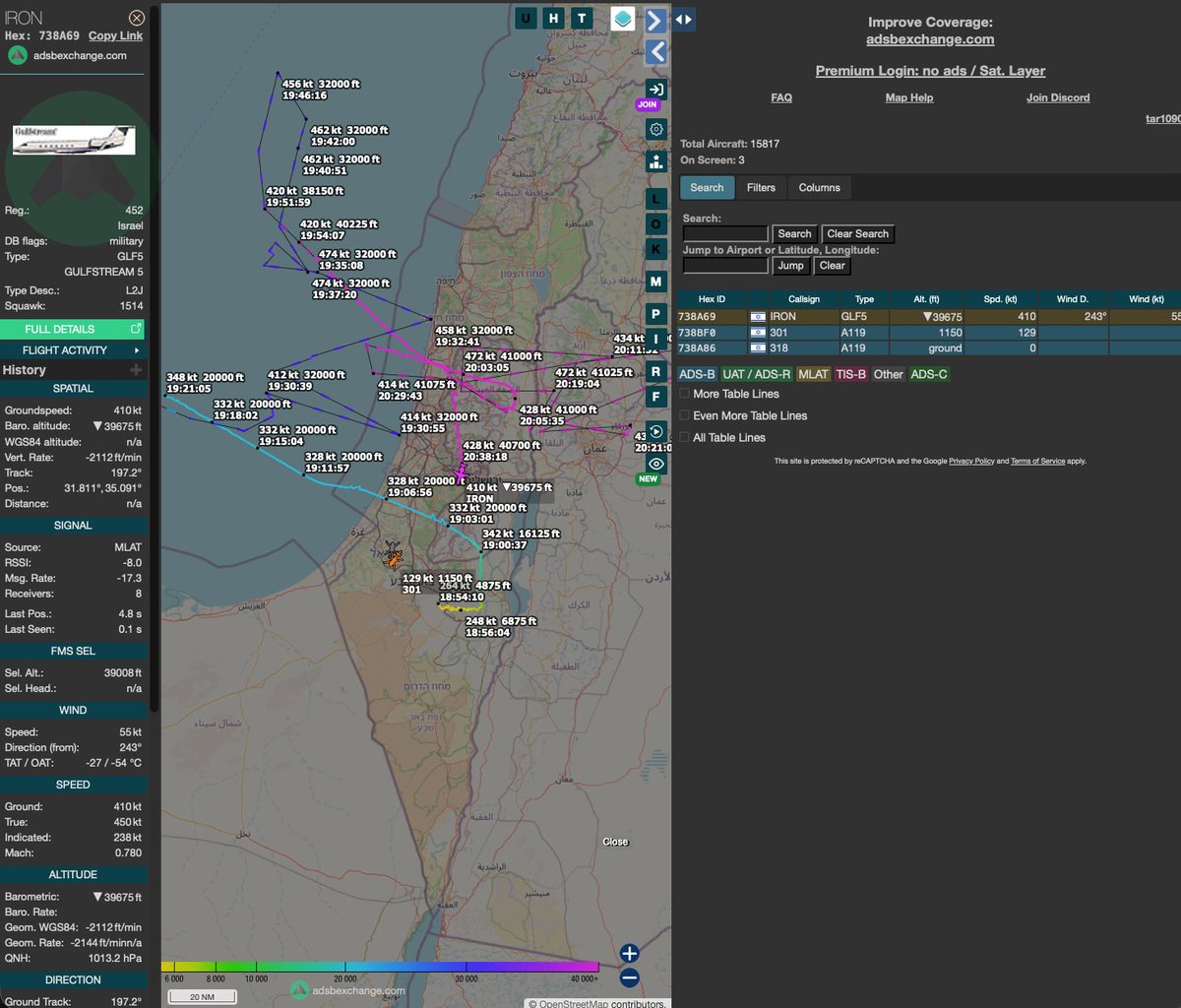The Israeli Air Force's Nachshon Oron surveillance aircraft (738A69/452, callsign IRON) returned to base after a mission over the Eastern Mediterranean.