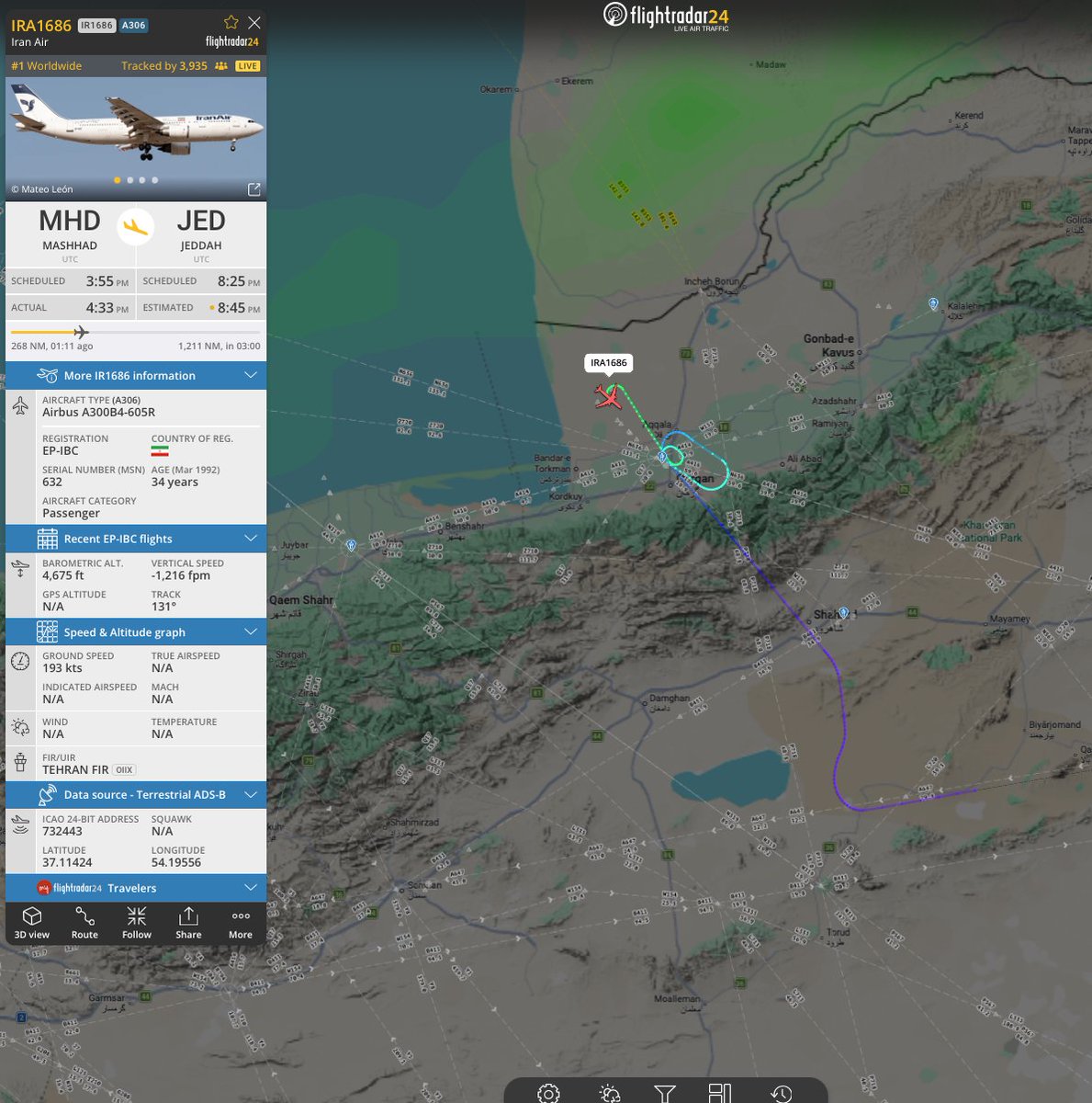 Iranian flights EP-IBC and EP-KPB deviate from their scheduled routes, with EP-IBC descending for Gorgan and EP-KPB entering a holding pattern near Mehrabad, per OSINT observer Shin.