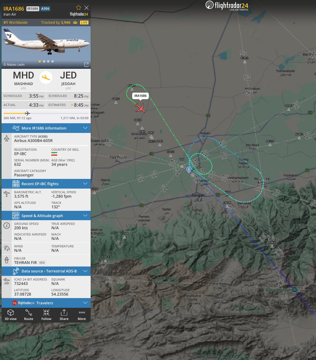 732443 | EP-IBC | C/S IRA1686
From Mashhad | Iran 
To Jeddah | KSA 
Descending for Gorgan airport, Iran