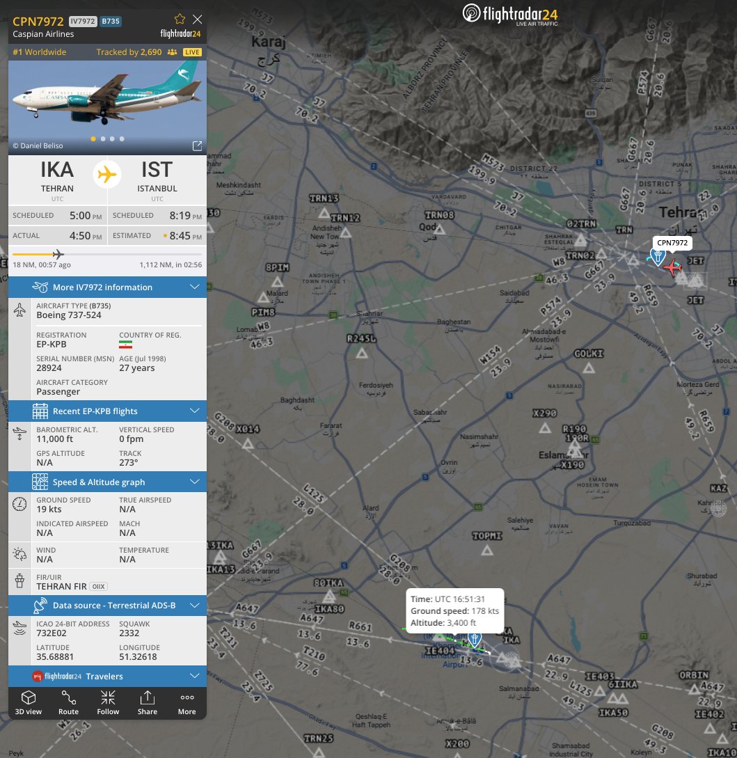 Something's happening in Iran for sure. 
2nd one. 
EP-KPB | 732E02 | C/S CPN7972
From IKA | Iran
To IST | Turkey
Holding pattern near Mehrabad airport, Tehran.