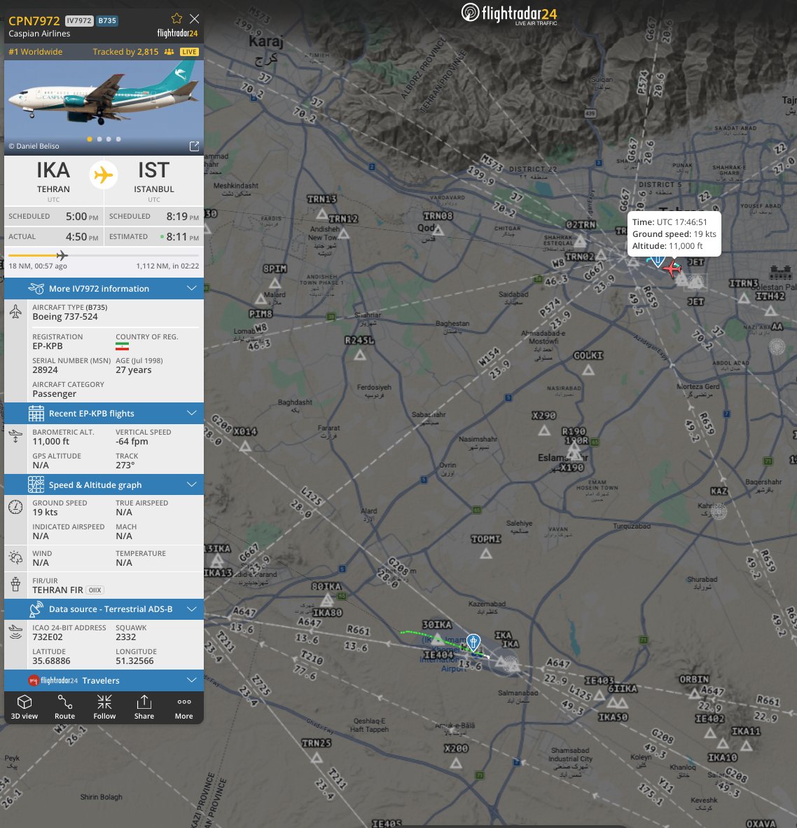 Something's happening in Iran for sure. 
2nd one. 
EP-KPB | 732E02 | C/S CPN7972
From IKA | Iran
To IST | Turkey
Holding pattern near Mehrabad airport, Tehran.