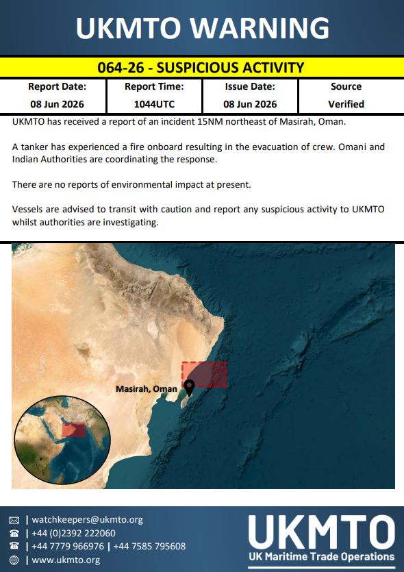 The United Kingdom Maritime Trade Operations (UKMTO) has published Warning 064-26, advising vessels of a maritime security incident.