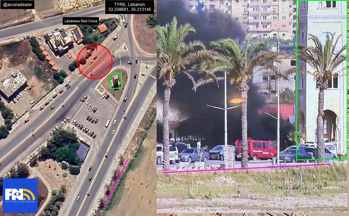 A geolocated report indicates black smoke from a claimed vehicle fire near the Lebanese Red Cross building in Tyre, Lebanon.