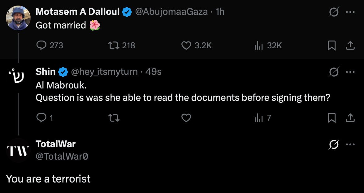 After congratulating a Gaza-related account on a wedding and asking if the bride read the documents before signing, the tweet’s author noted that his question was not well received.