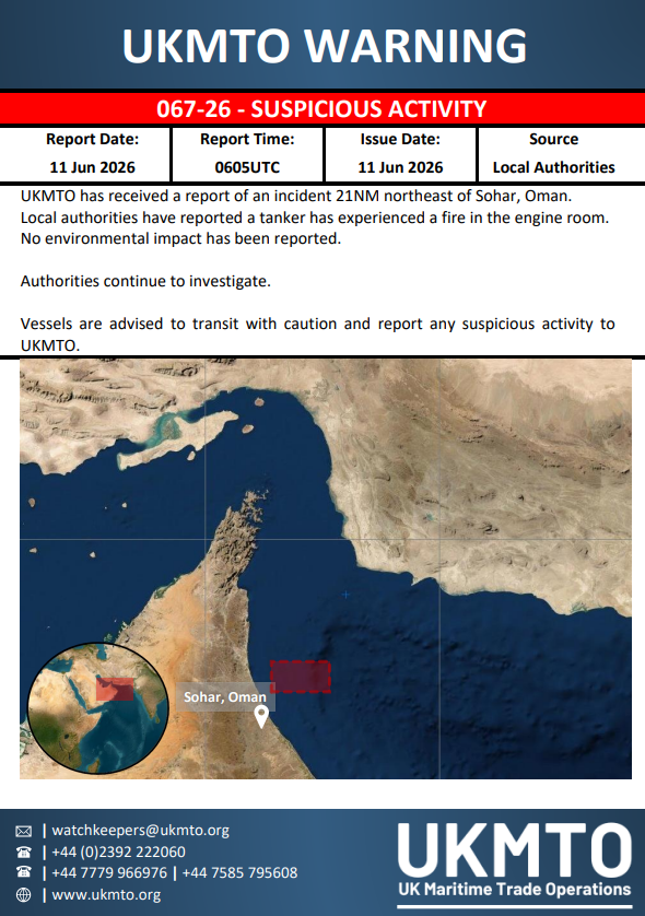 The United Kingdom Maritime Trade Operations (UKMTO) has released Warning 067-26 on 11 June 2026.