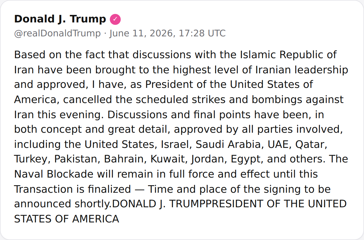 President Trump cancels scheduled strikes on Iran after confirming diplomatic discussions have been approved at the highest level, with a naval blockade remaining in place until a deal is signed.