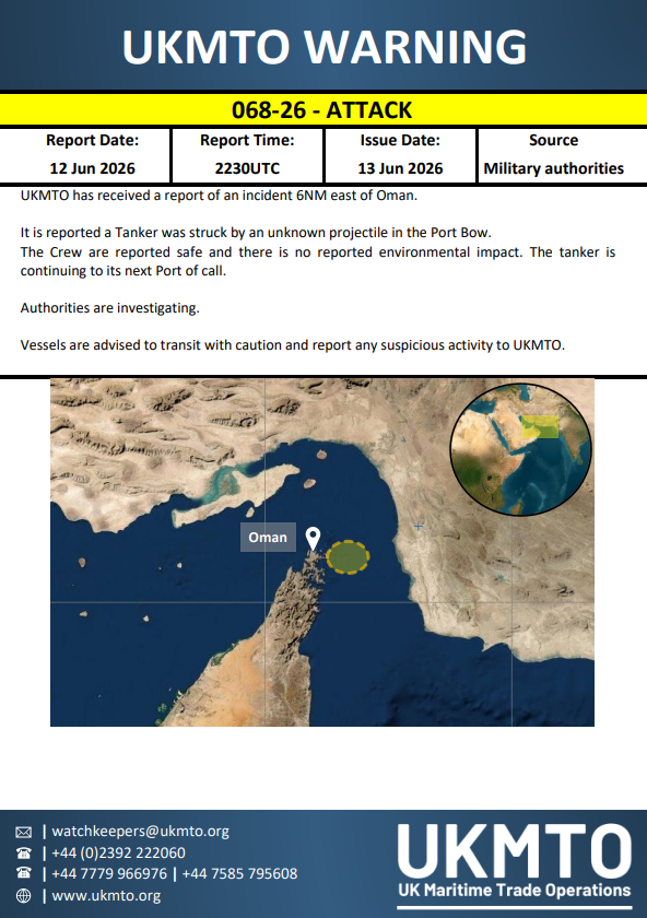 The United Kingdom Maritime Trade Operations (UKMTO) has issued Warning 068-26 concerning a maritime security incident on June 13, 2026.