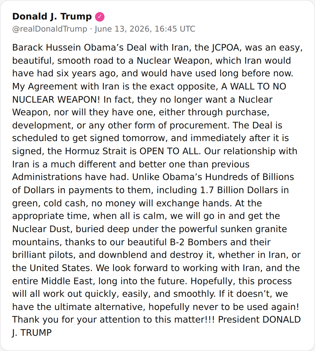 President Trump details a new agreement with Iran, contrasting it with the JCPOA, stating no money will exchange hands and the Strait of Hormuz will open to all after signing.