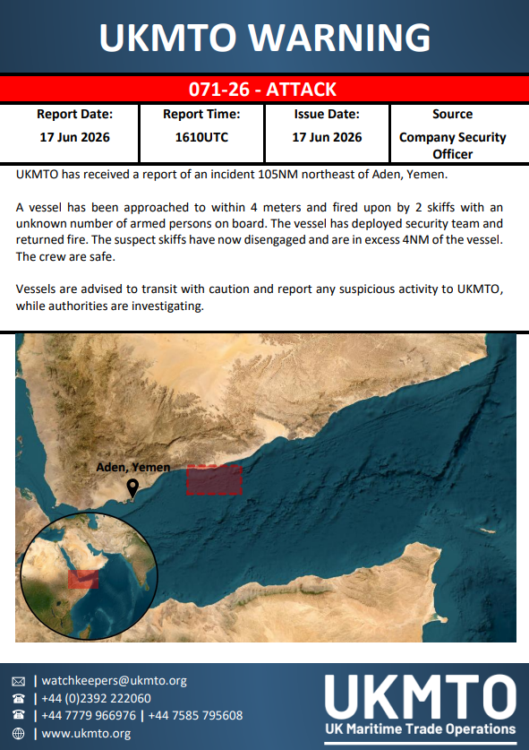 The United Kingdom Maritime Trade Operations has issued Warning 071-26 reporting an attack at sea.
