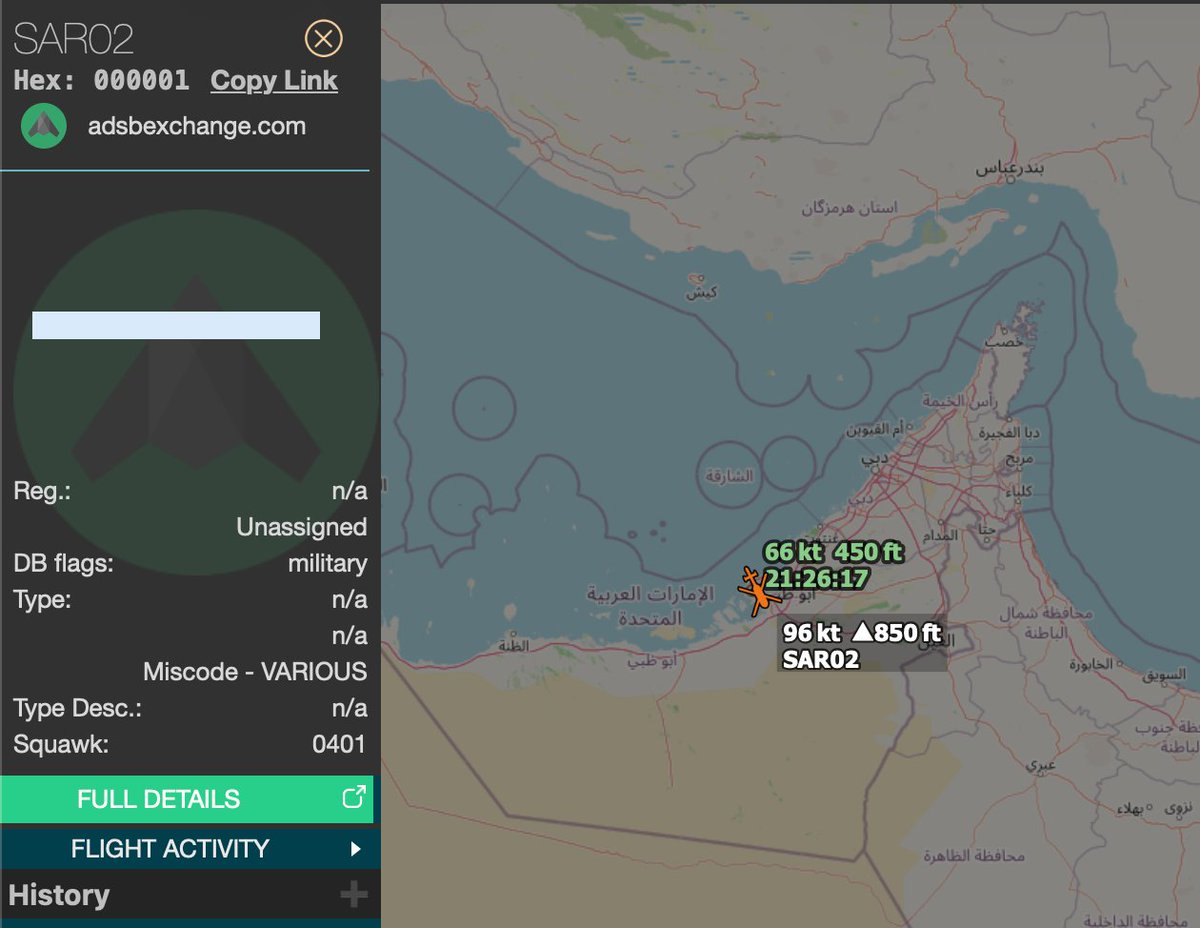 A mishexed aircraft broadcasting a search and rescue callsign was observed departing from Abu Dhabi, UAE.