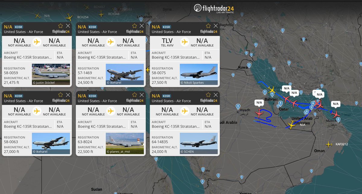 An OSINT account reports eight U.S. Air Force tanker aircraft are currently airborne in the Middle East.