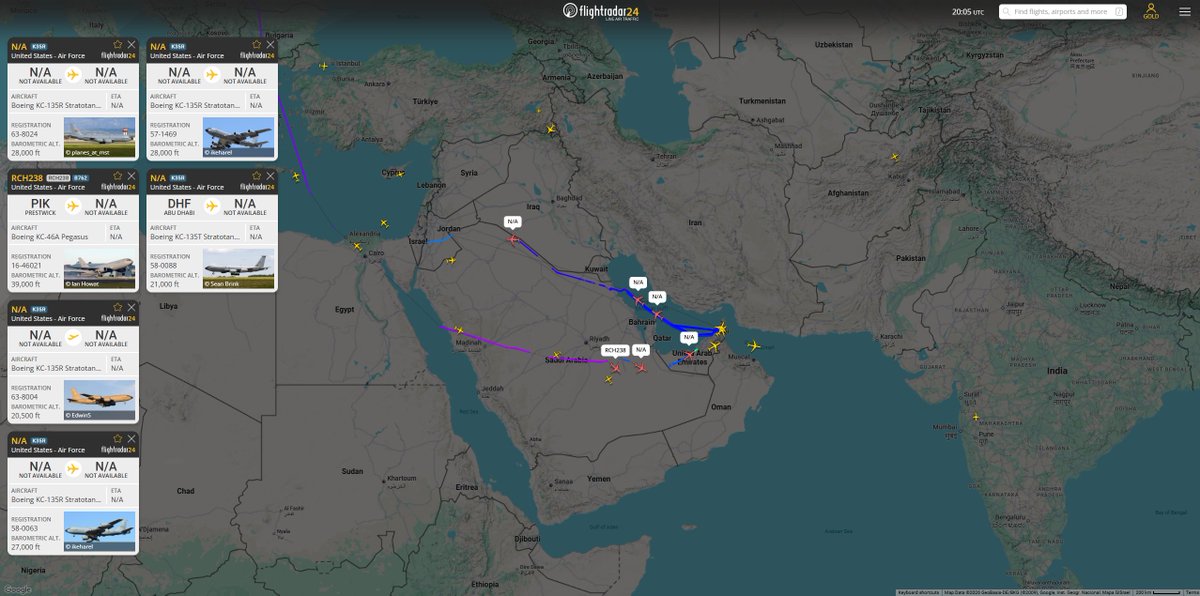 10 tankers and an E-3B are operating over the ME right now. 16-46021 is landing at PSAB after a trip from Prestwick. Almost positive that tail number was in the ME before though..?

58-0059 is pictured in the 2nd photo over the UAE but not highlighted.

Boeing KC-46A Pegasus 1x