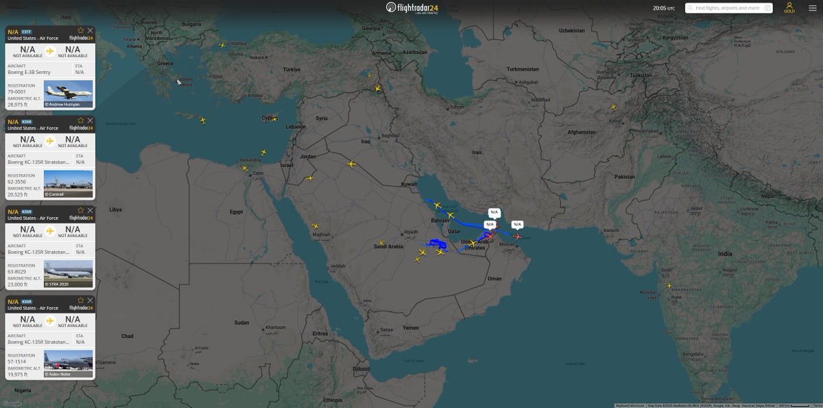 10 tankers and an E-3B are operating over the ME right now. 16-46021 is landing at PSAB after a trip from Prestwick. Almost positive that tail number was in the ME before though..?

58-0059 is pictured in the 2nd photo over the UAE but not highlighted.

Boeing KC-46A Pegasus 1x